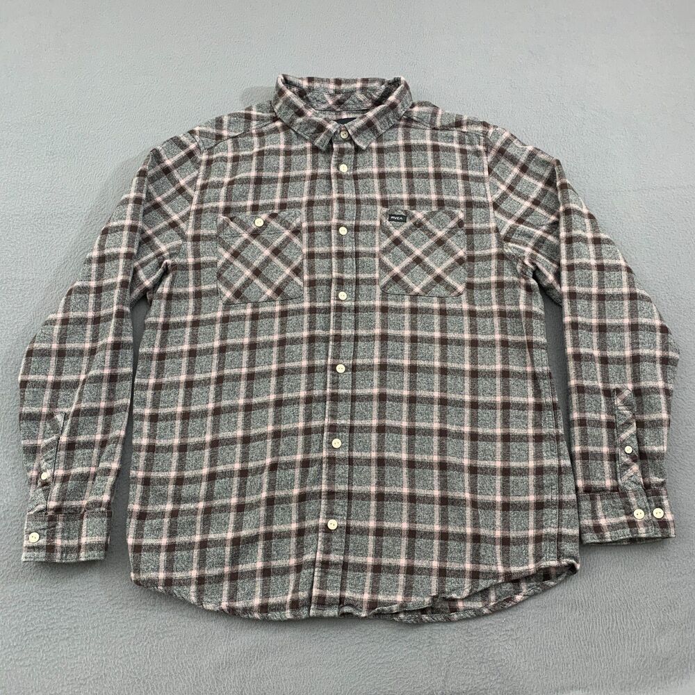 RVCA Flannel Shirt Mens Size Large Regular Fit Brown Gray Pink Long Sleeve